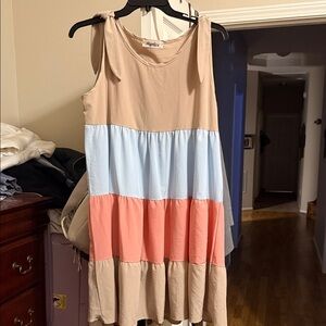 Elegant Colorblock Midi Dress in Tan, Blue, and Pink